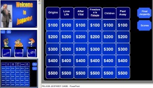 This is a photo of a Jeopardy game with answers and questions about Pelagie and her life as a slave and a free woman.