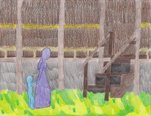this is a photo of a pastel drawing of a faceless woman and child approaching the steps to the Amoureux House.